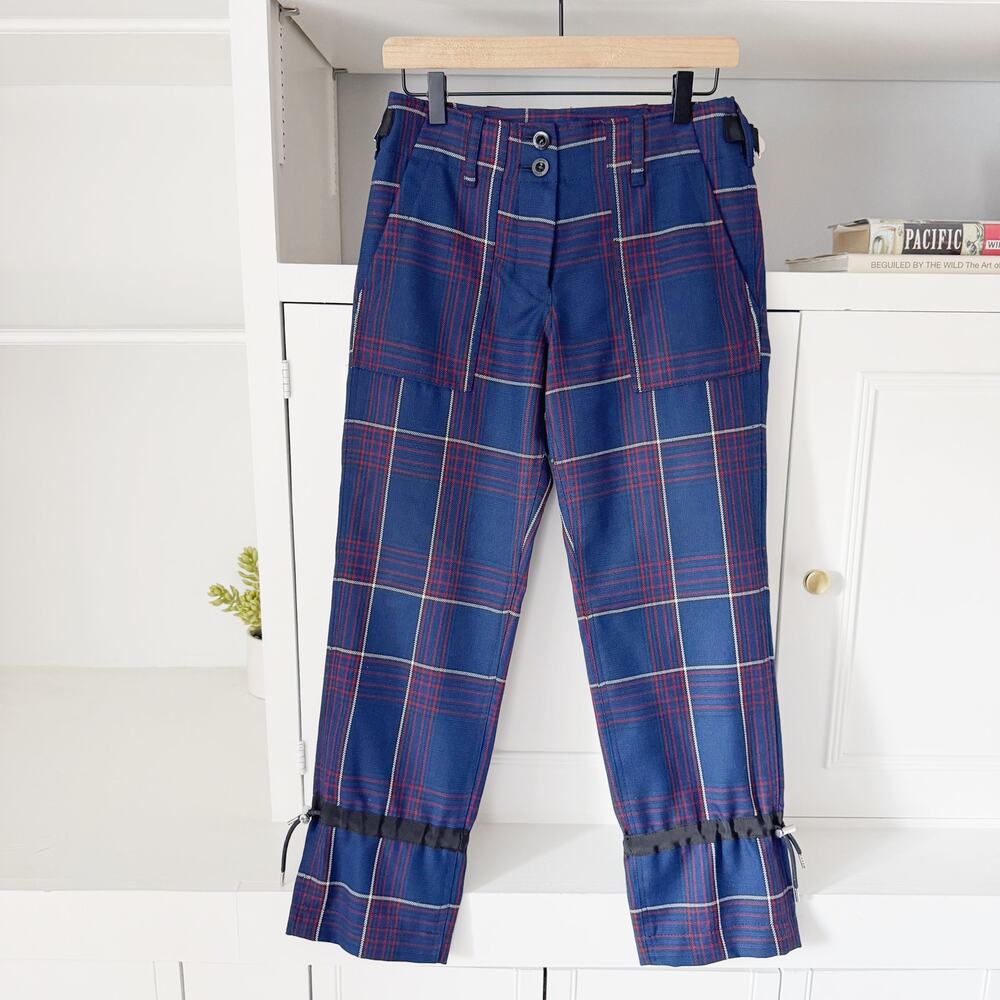 Sacai Navy Blue Wool Plaid Tweed Cropped Trouser Pants Size XS
